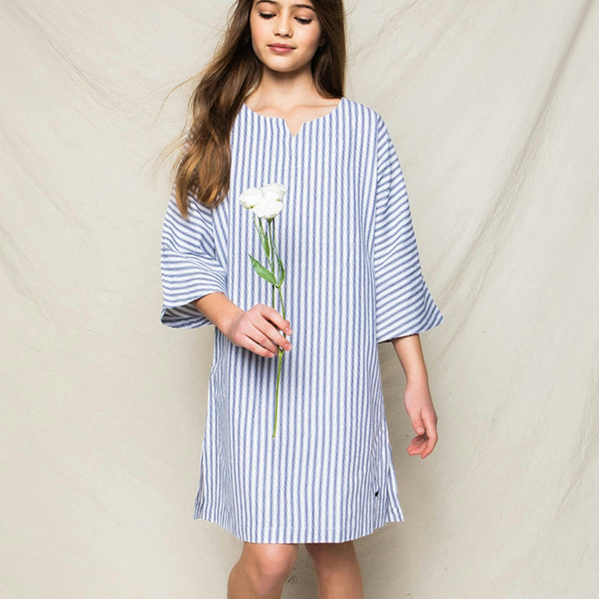 Girl's Twill Caftan in Navy French Ticking