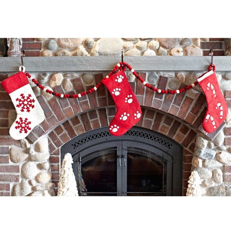 Hand Felted Wool Christmas Stocking Red Snowflakes Cream