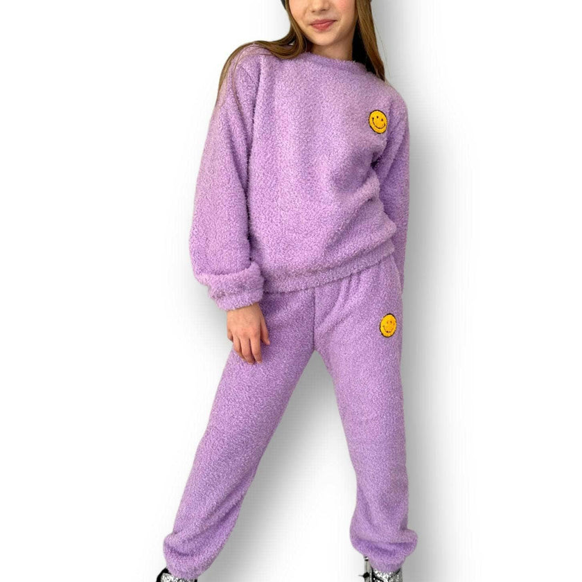 Bright Smiley Fuzzy Sweatshirt And Pant Set
