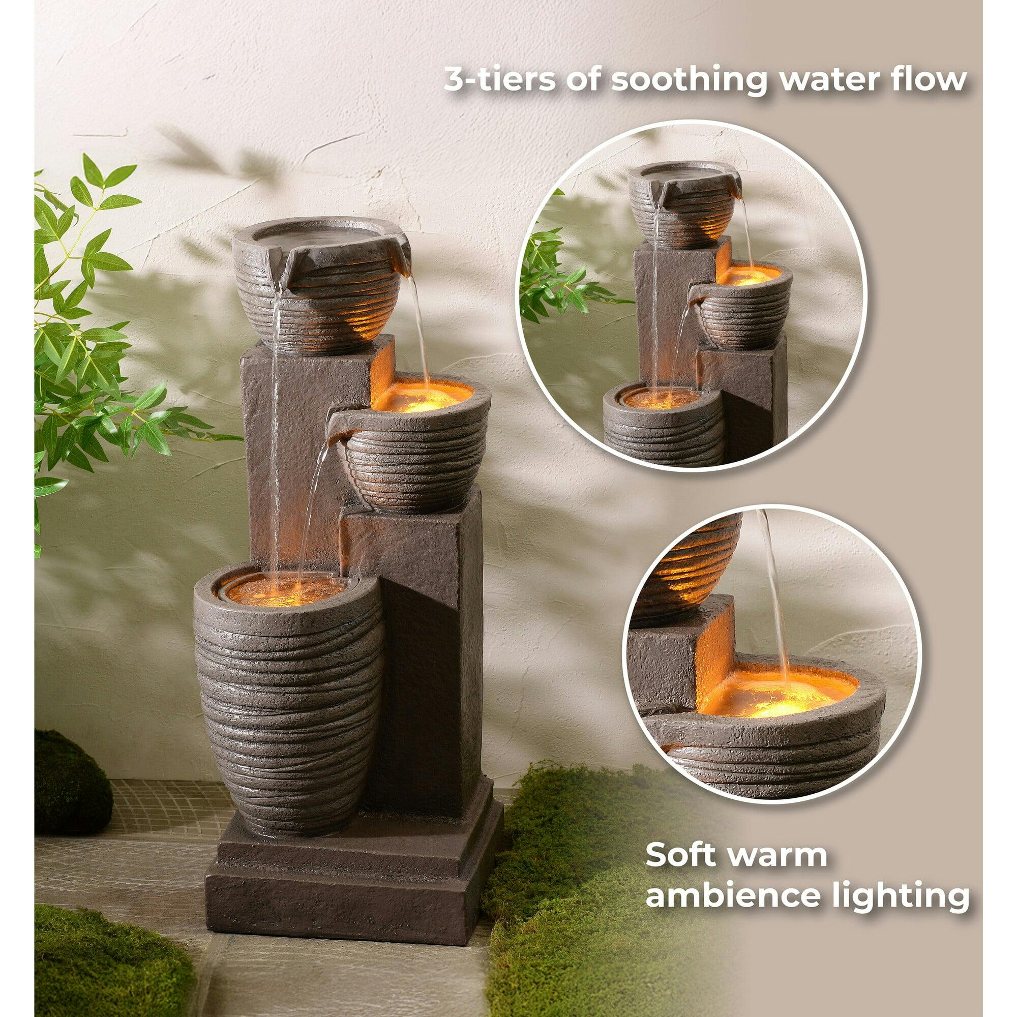 Teamson Home Horizontal Ribbed Pattern Outdoor Water Fountain with Warm Glow Lighting