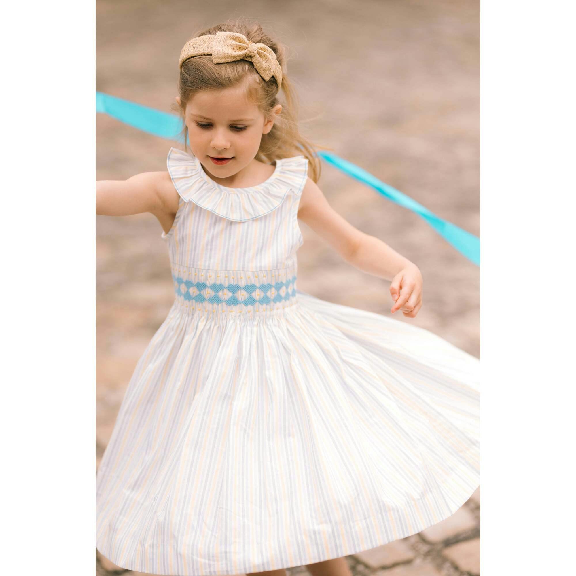 Capucine Blue Yellow Stripe Sleeveless Smocked Dress
