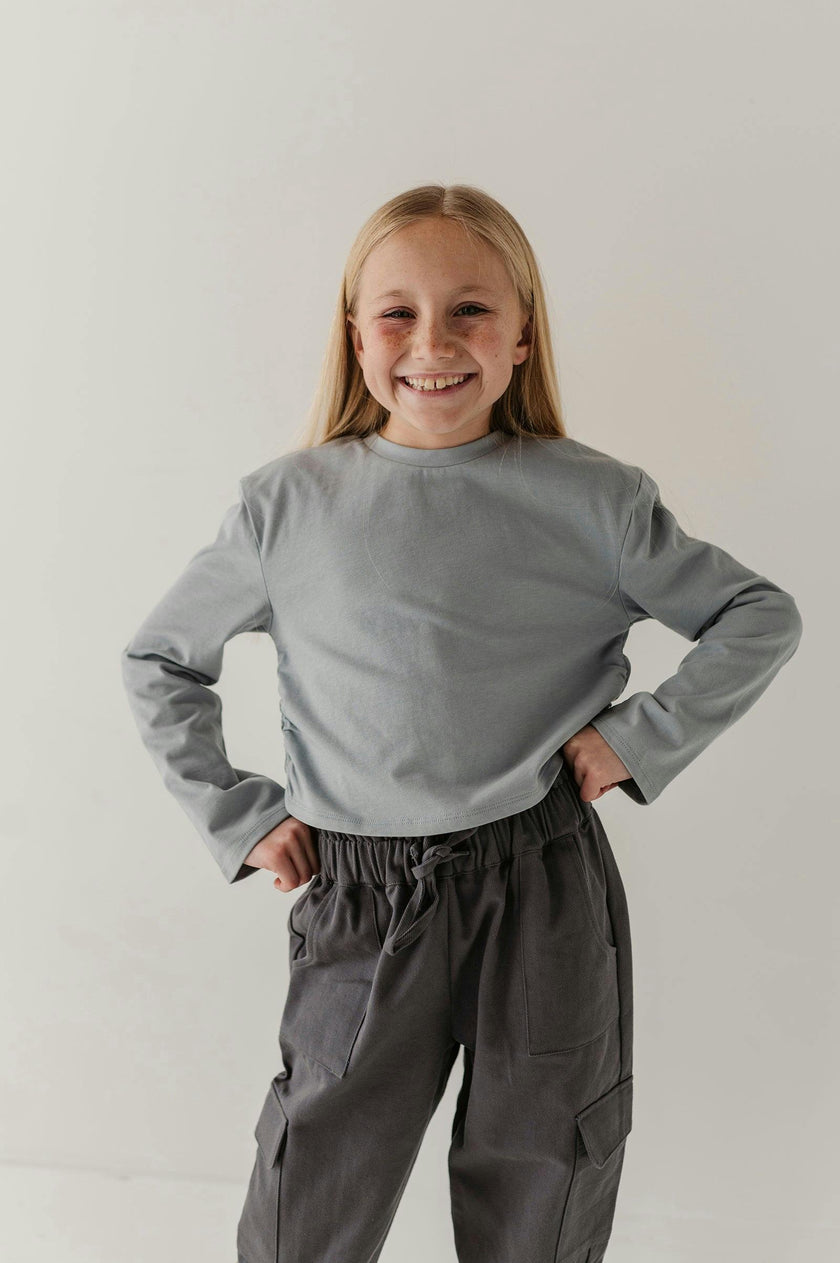 Girls Long Sleeve Shirring Tee in Grayish Blue