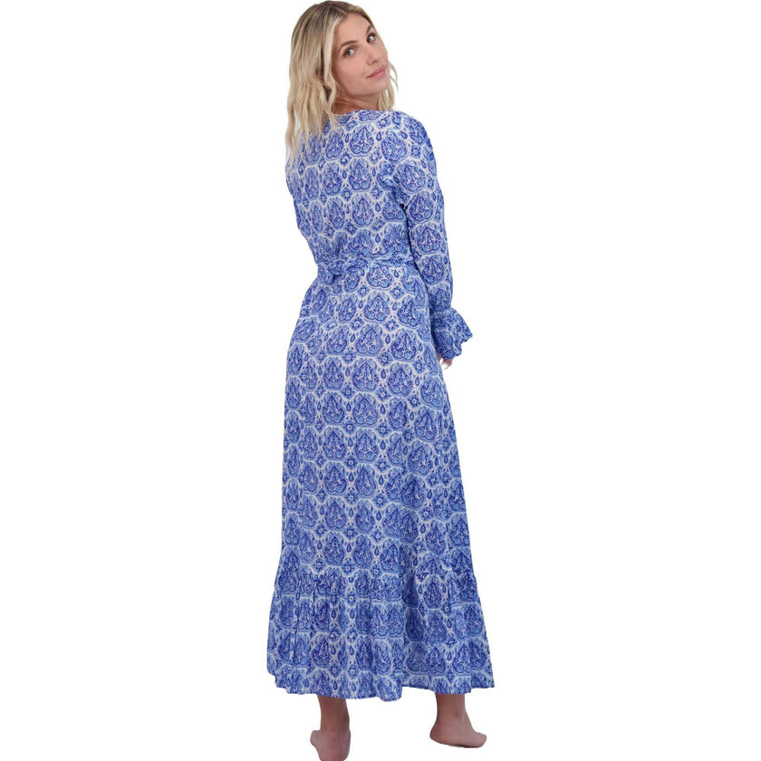 Genevieve Women's Ruffle Wrap Dress Blue Paisley, Blue