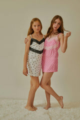 Jewels Pink With Red Hearts Satin Dress With Lace Trim