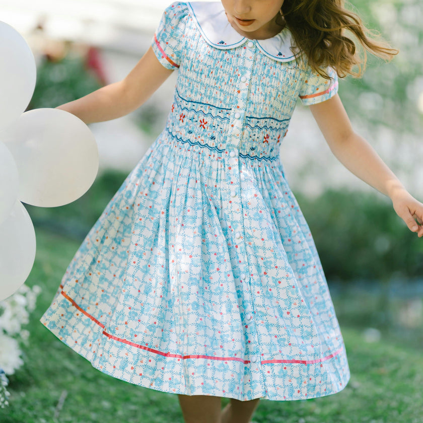 Riviera Blue Floral Short Sleeve Smocked Dress