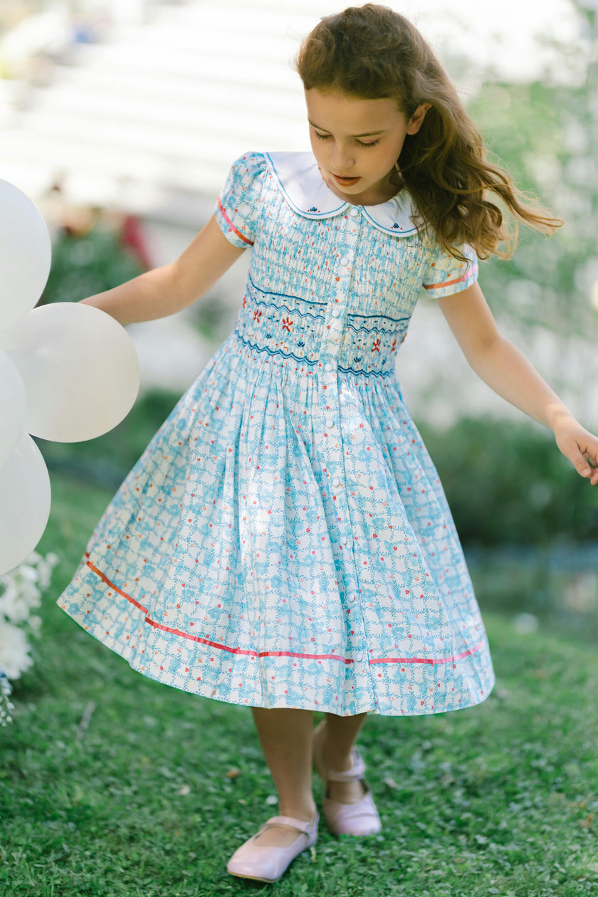 Riviera Blue Floral Short Sleeve Smocked Dress