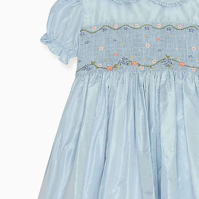Light Blue Eva Silk Ceremony Girl Hand-Smocked Dress
