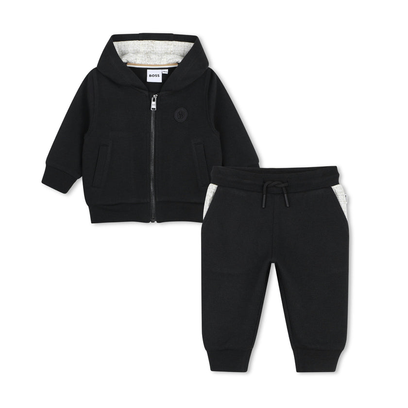 Black Textured Hooded Tracksuit Set
