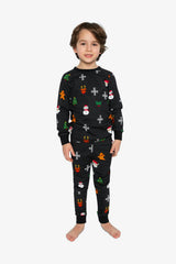 Organic Cotton Two Piece Pajama Set Black Christmas Pixel Print