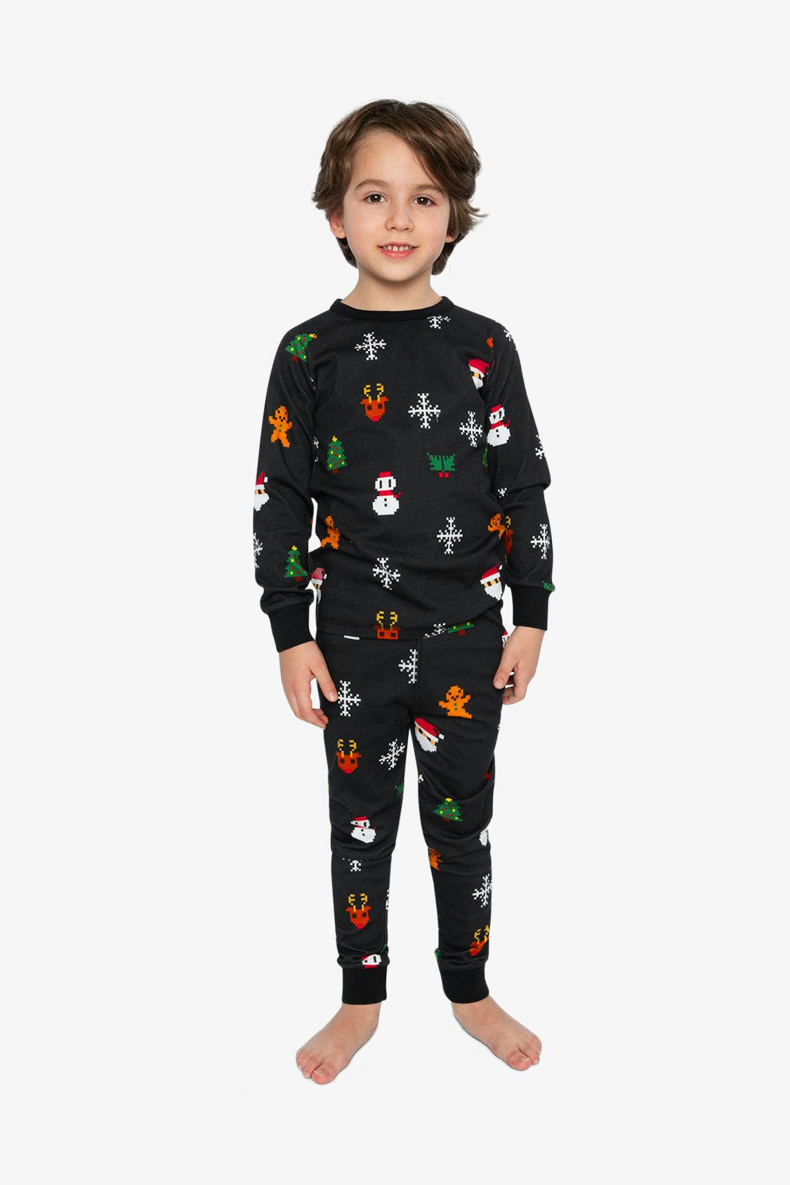 Organic Cotton Two Piece Pajama Set Black Christmas Pixel Print