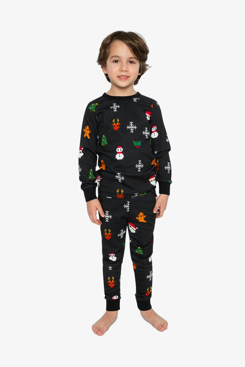 Organic Cotton Two Piece Pajama Set Black Christmas Pixel Print