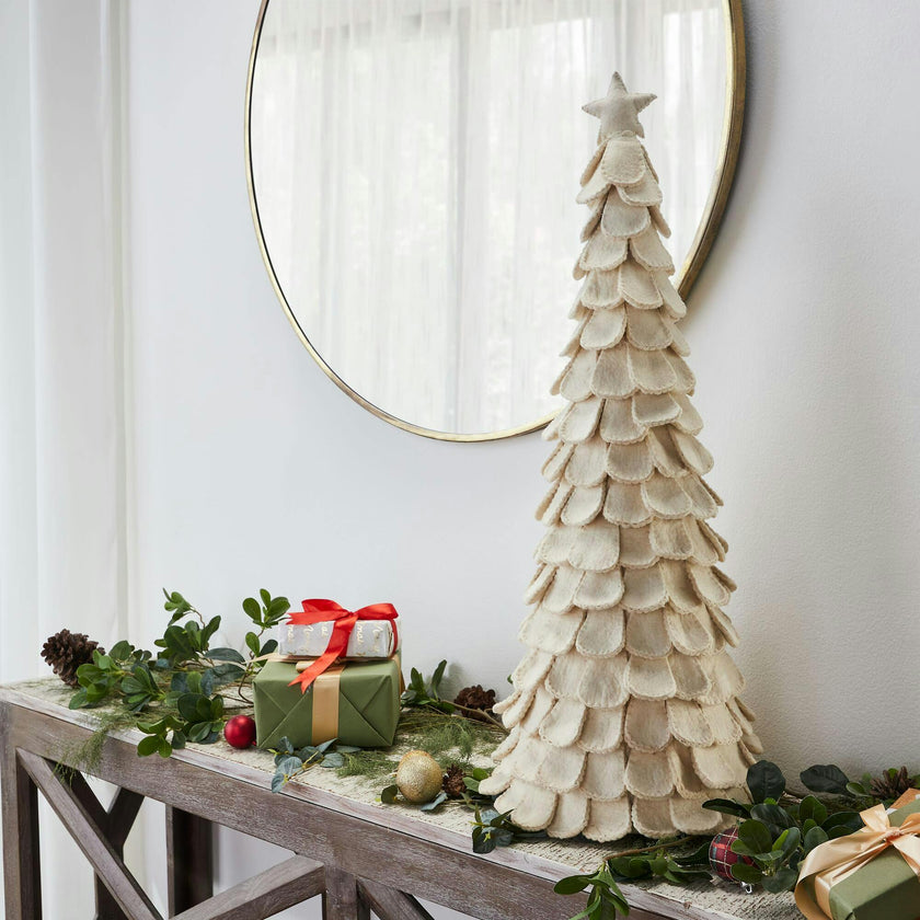 Pair of Handmade Cream Tabletop Christmas Trees in Hand Felted Wool- XL- 26" and 36"