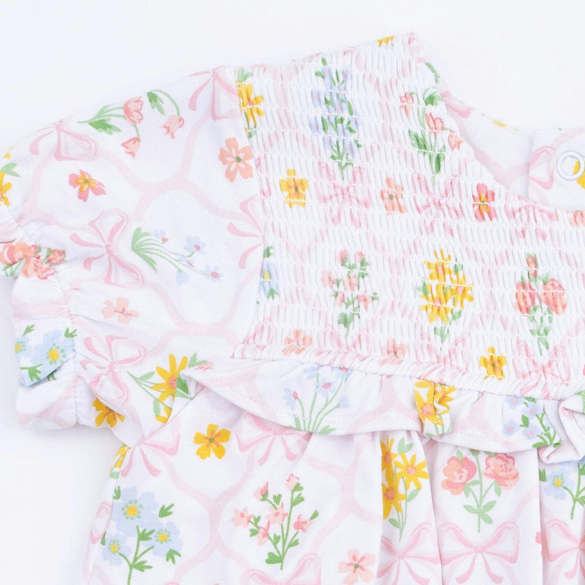 Spring Blooms Bow Trellis - Smocked Ruffle Bubble with Skirt