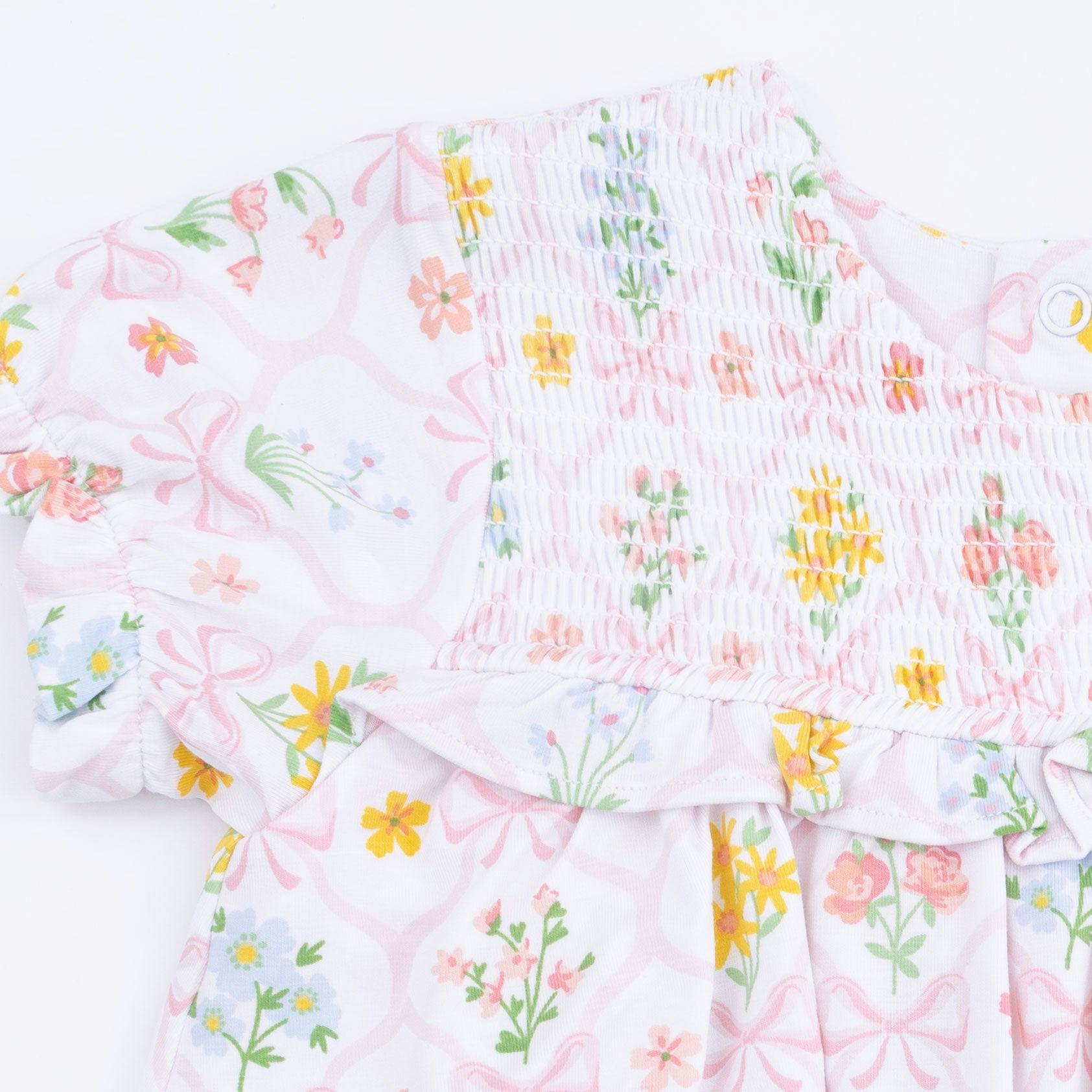 Spring Blooms Bow Trellis - Smocked Ruffle Bubble with Skirt