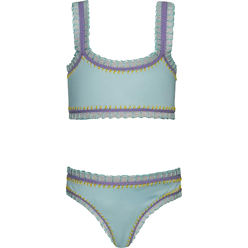 Sporty Rainbow Embroidered Two-Piece Bikini, Blue