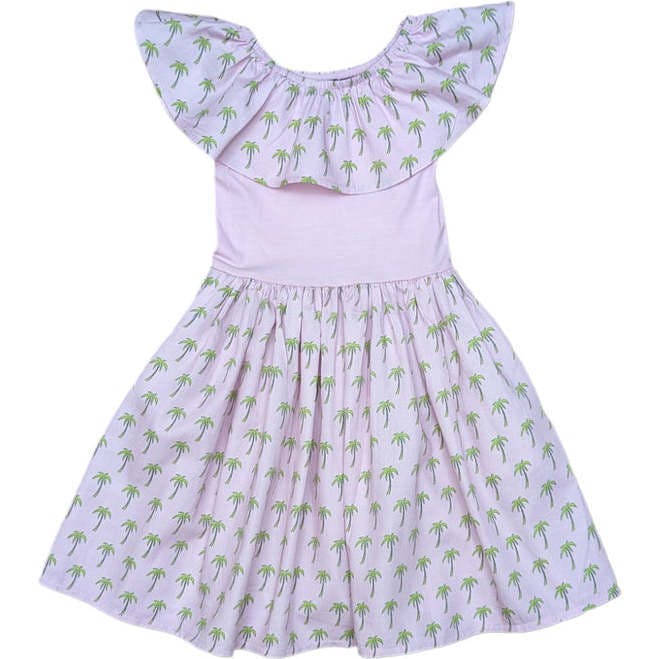 Pink Palms Mixed Fabric Ruffle Dress