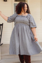 Mae 3/4 Sleeves Dress in Prussian Blue Plaid