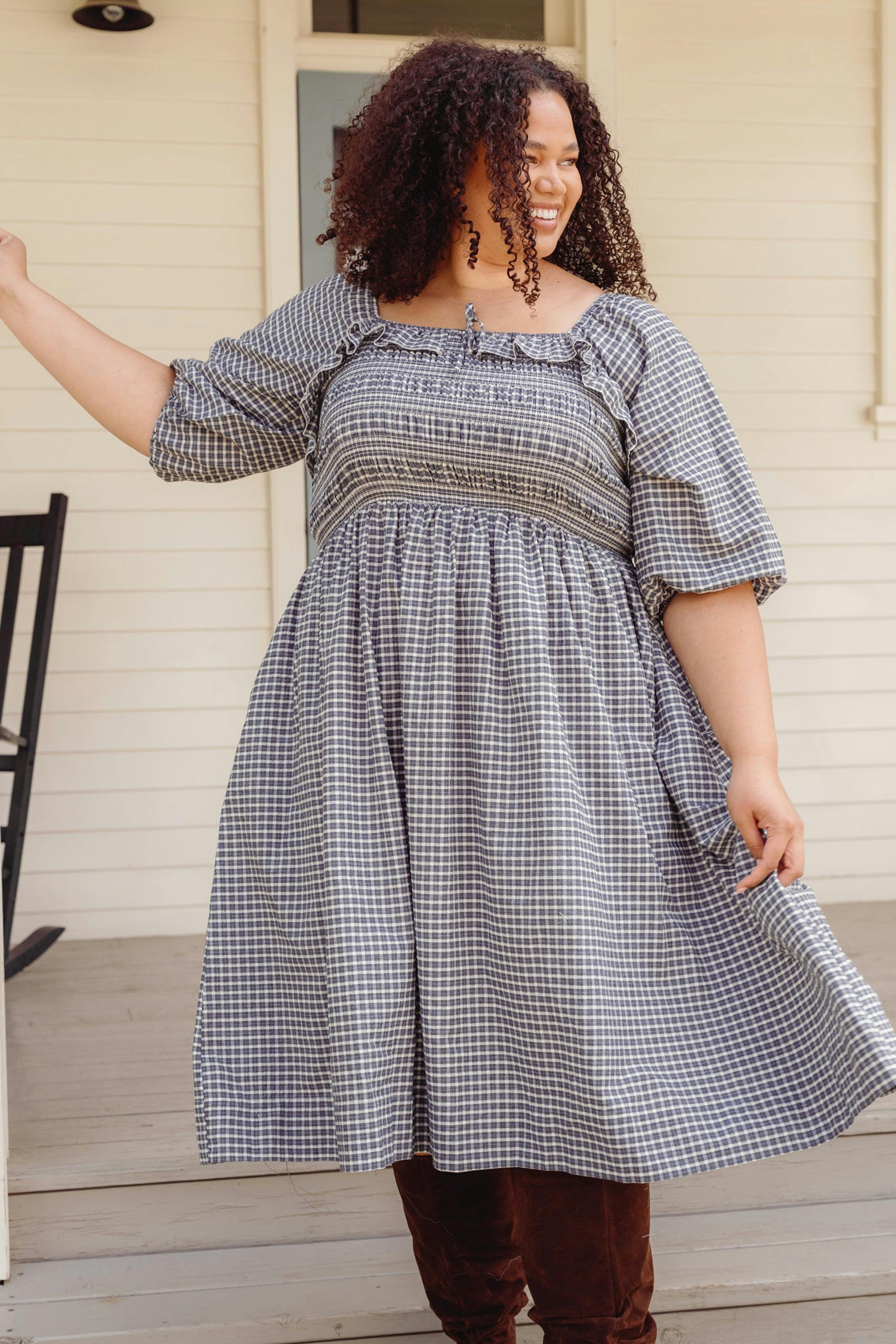 Mae 3/4 Sleeves Dress in Prussian Blue Plaid