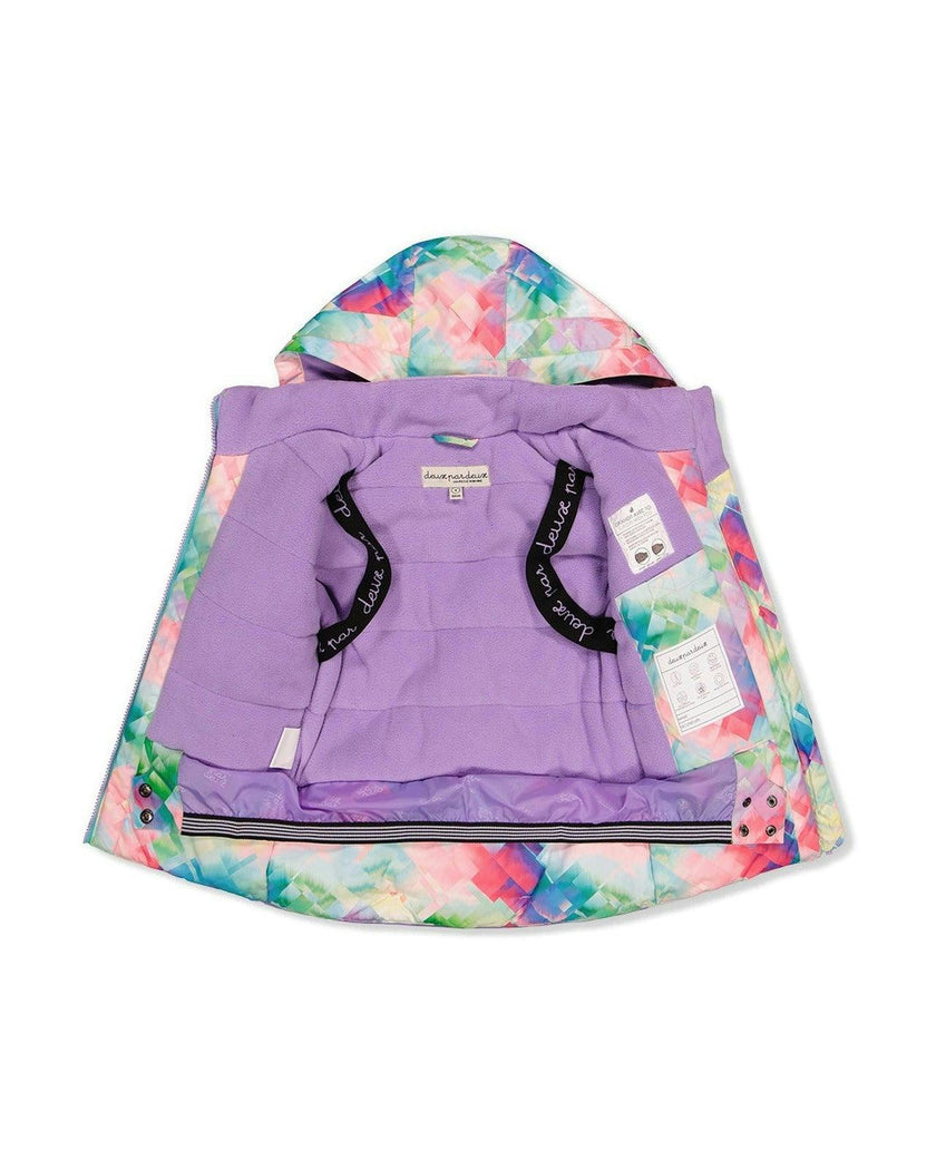 Two Piece Play Snowsuit Multicolored With A Diamond Pattern With Turquoise And Purple Pants