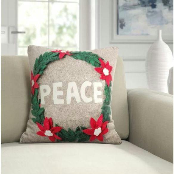 Hand Felted Wool Christmas Pillow - PEACE Wreath Natural Gray - 20"