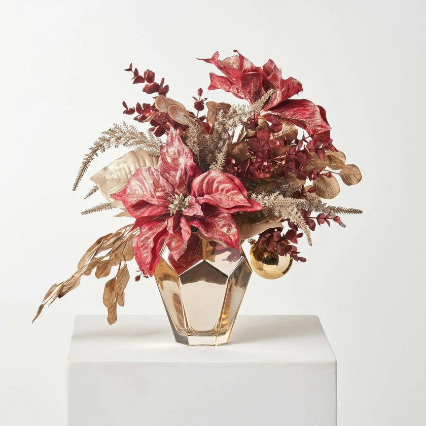 24 Karat Christmas - Gold Dust Poinsettia & Gold Ornament Ball Arrangement in Diamond Vase Holiday Centerpiece