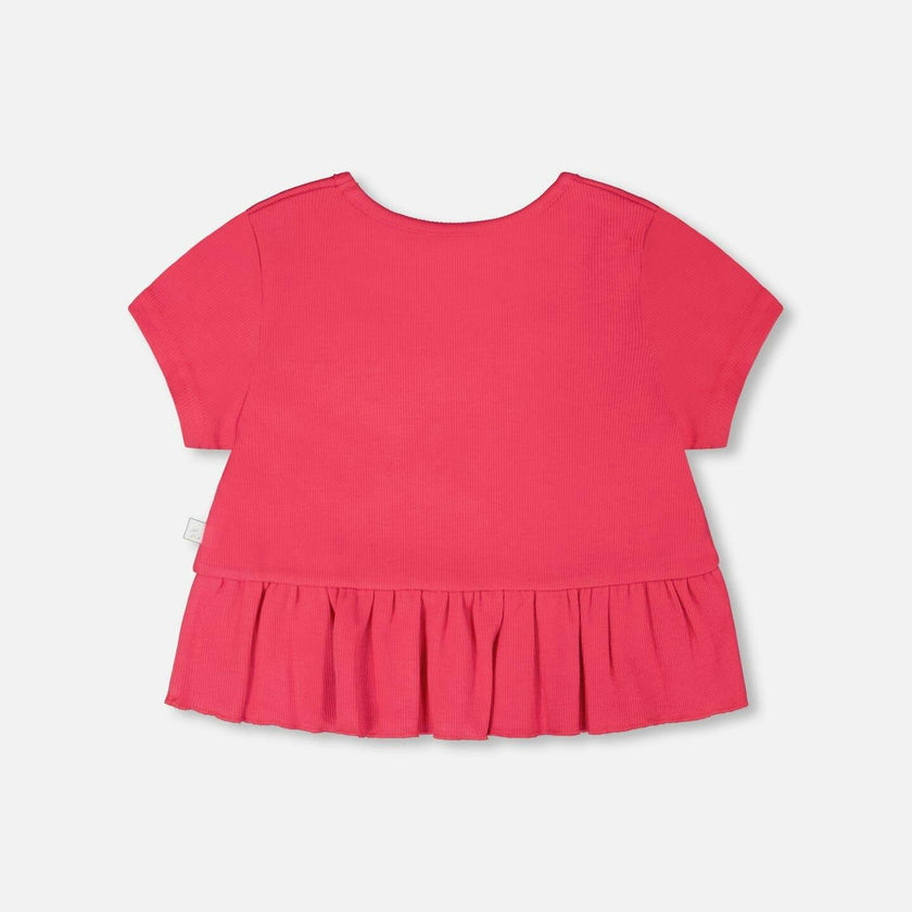 Rib Crop T-Shirt With Frill Pink