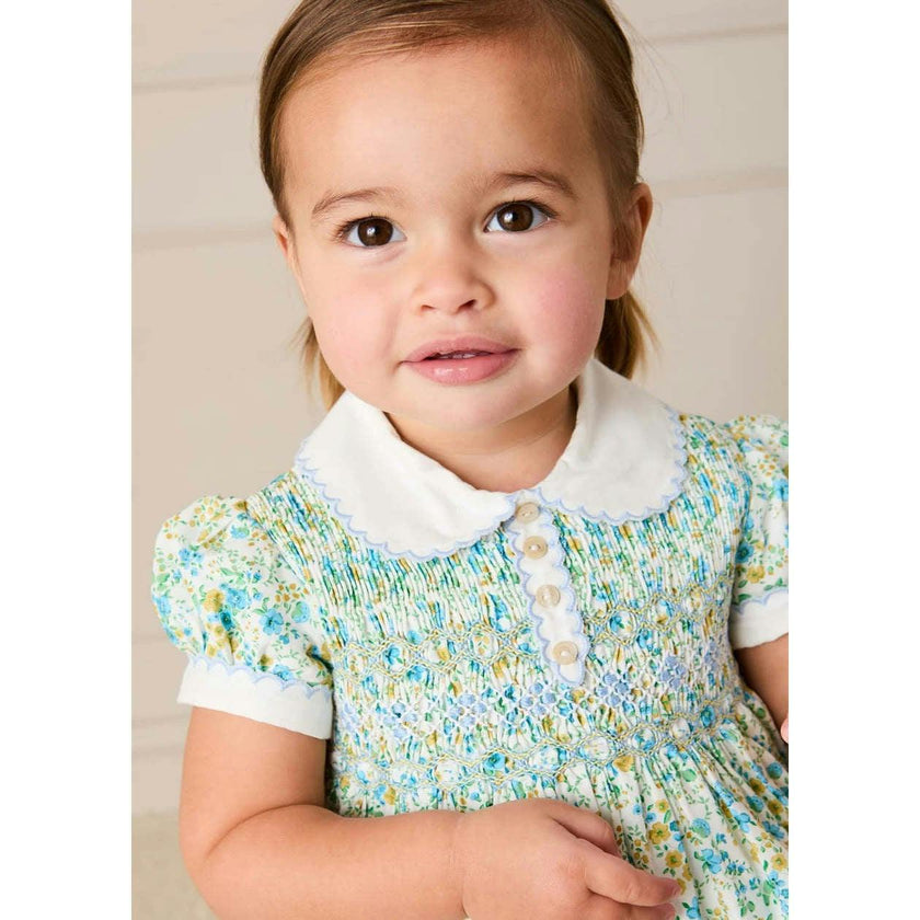 Louisa Floral Hand Smocked Short Sleeve Romper in Blue (3mths-2yrs)