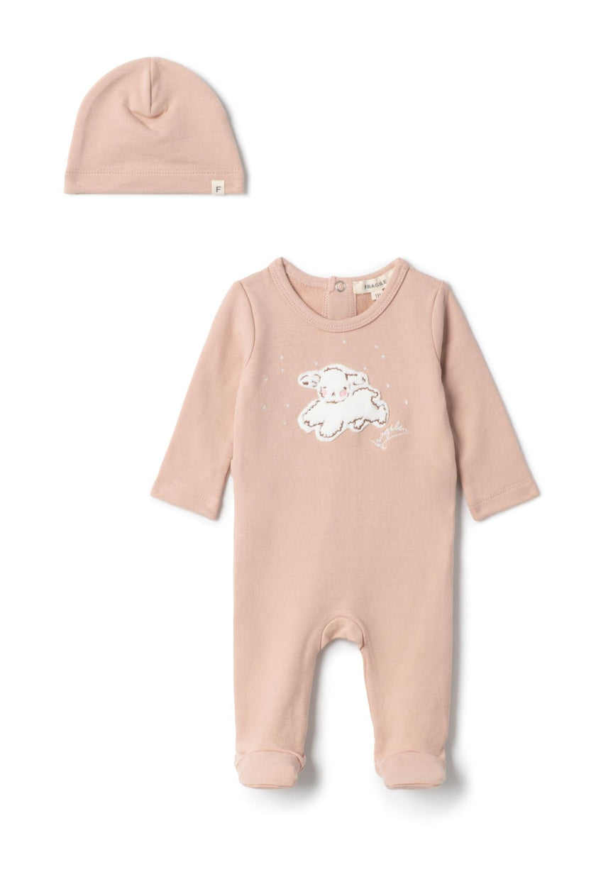 Embroidered Snap Front Romper and Hat Two Piece Set