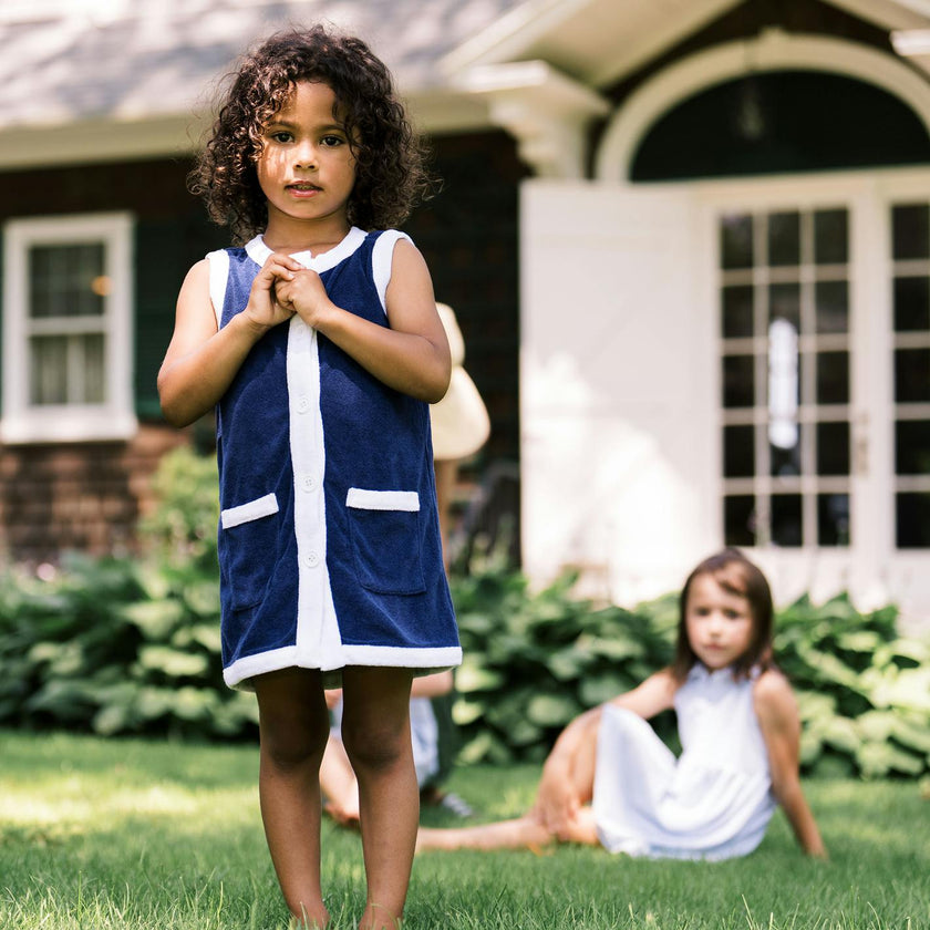 Girls Navy French Terry Sleeveless Button Down Dress