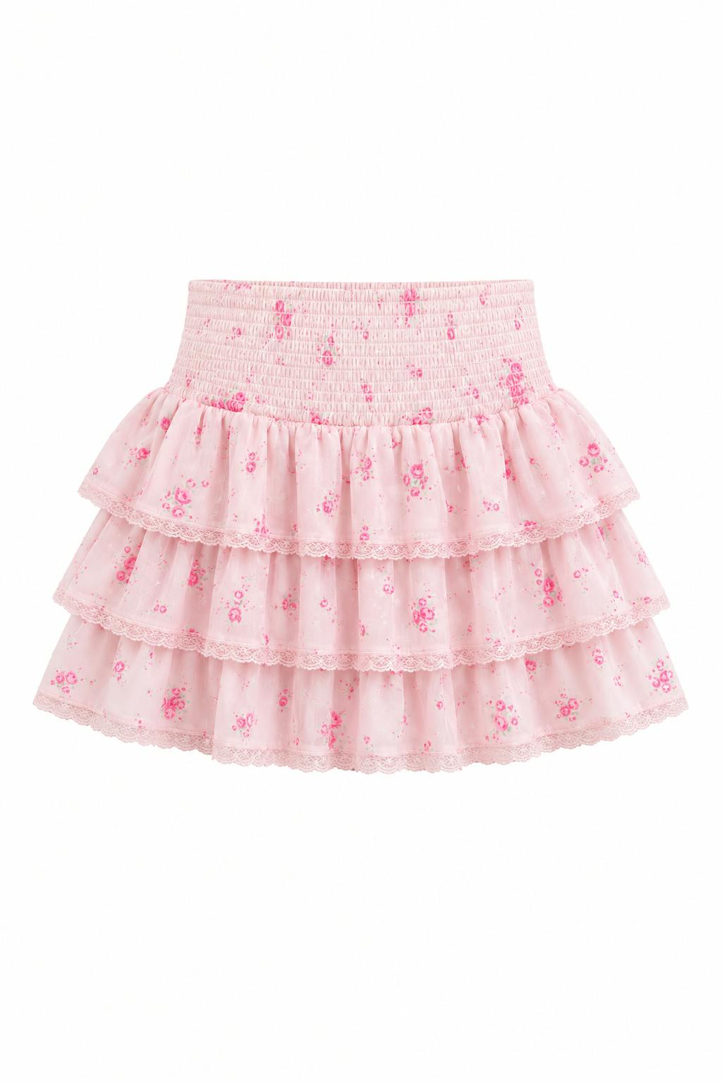 Gemma Vintage Rose Ballet Pink With Pink Lace Satin Smocked Ruffle Mini Skirt