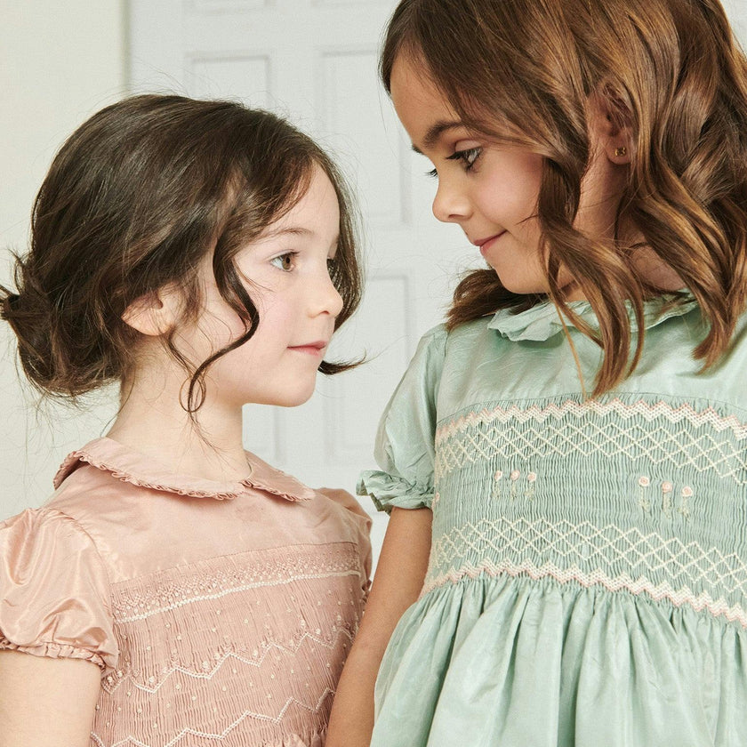 Sage Verity Silk Ceremony Girl Hand-Smocked Dress
