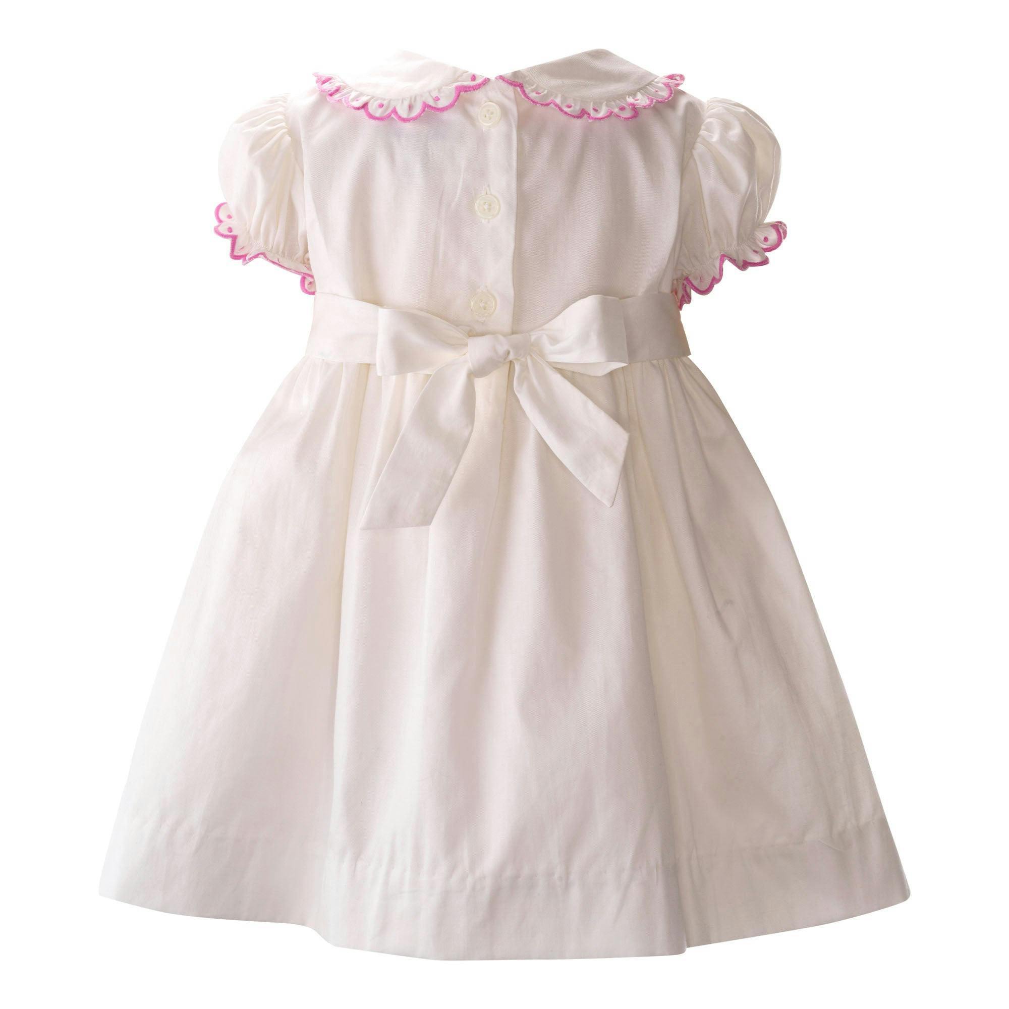 Bow Scalloped Collar Puff Sleeve Smocked Dress