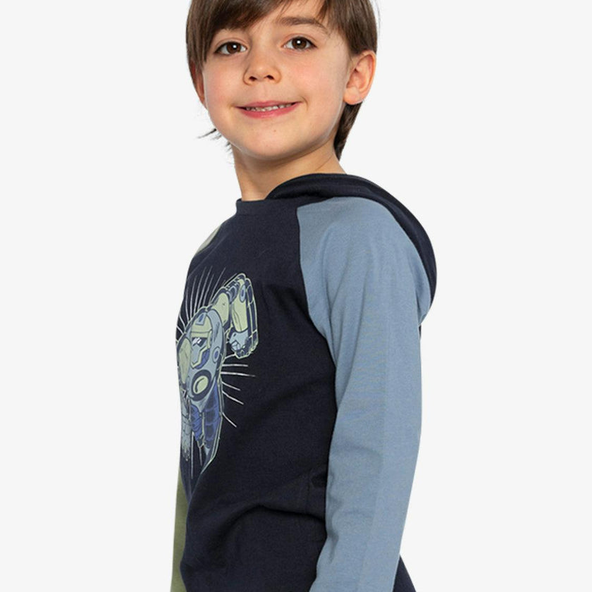 Raglan Hooded T-Shirt Dark Blue and Green
