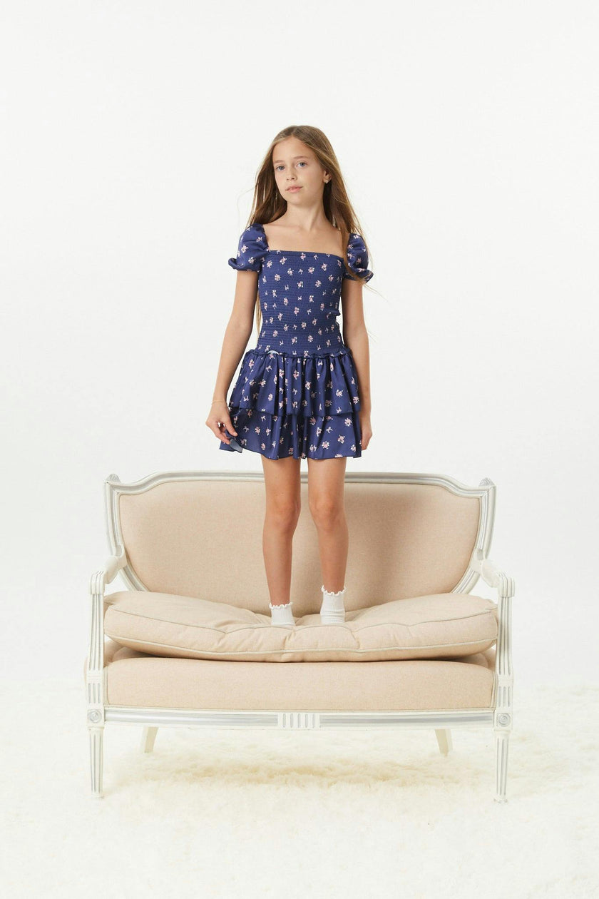 Lexi Rose Bow Navy Satin Smocked Short Sleeve Ruffle Dress