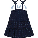 Bella Girl's Shoulder Tie Sundress Navy Turquoise Swiss Dot, Blue