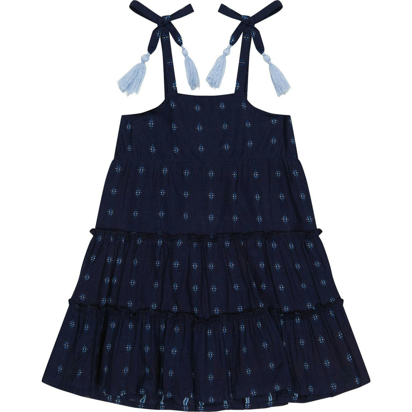 Bella Girl's Shoulder Tie Sundress Navy Turquoise Swiss Dot, Blue