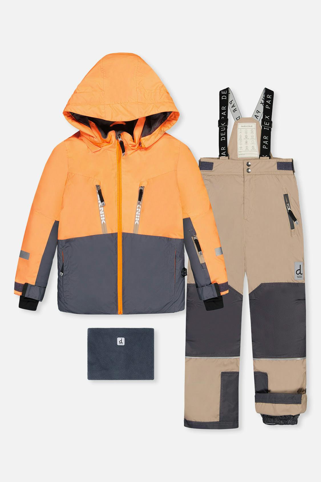 Two Piece Teknik Snowsuit Bright Orange Grey And Taupe