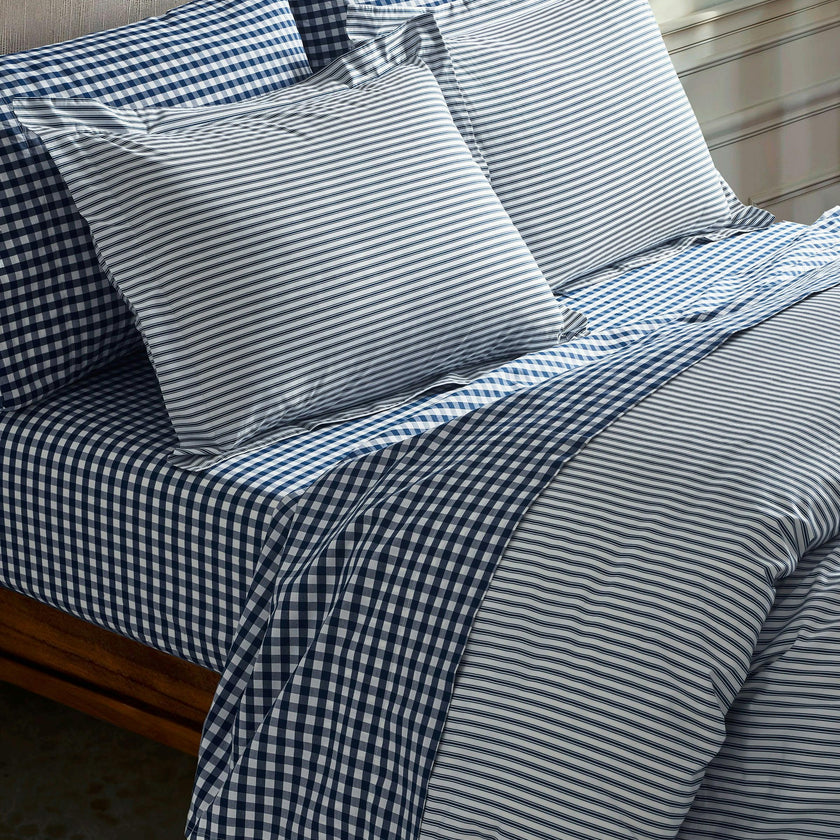 Luxe Premium Percale Bed Sheets in Navy Gingham