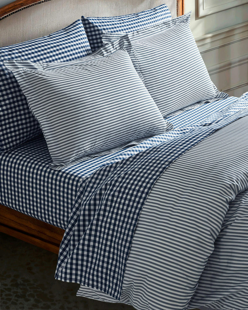 Luxe Premium Percale Bed Sheets in Navy Gingham