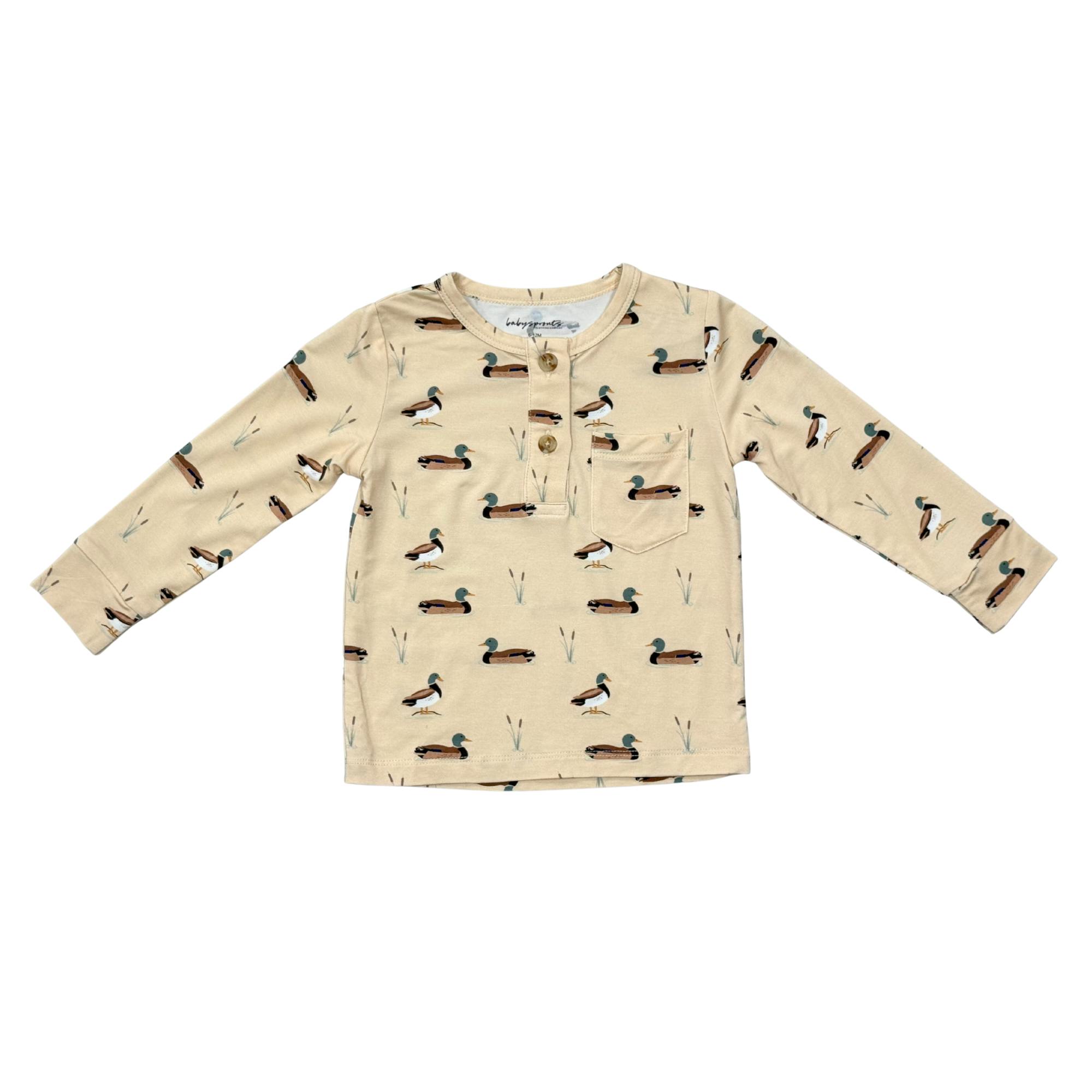 Boys Long Sleeve Henley Shirt in Mallard Ducks
