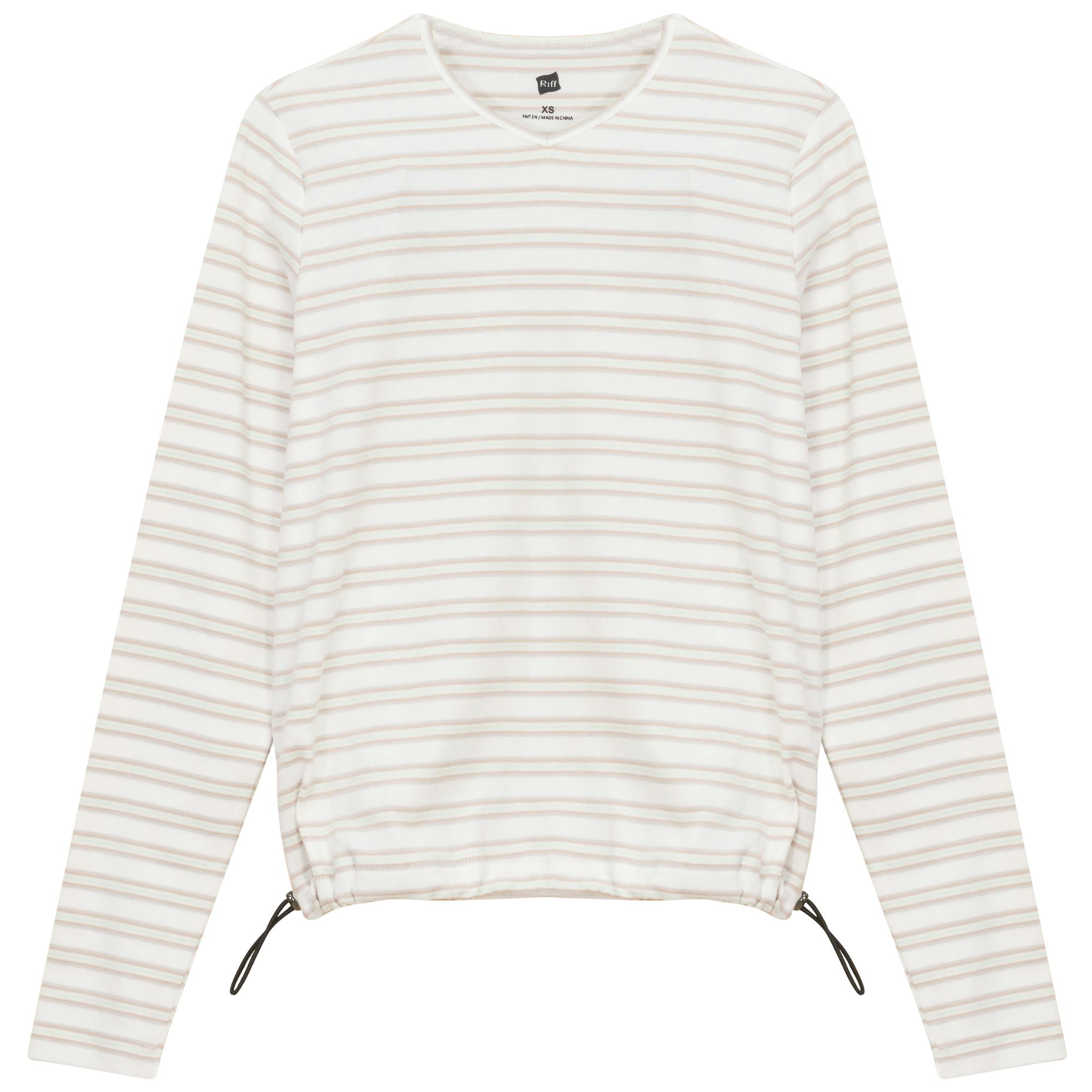 Ribbed Striped V Neck Tee With Bungee Rope