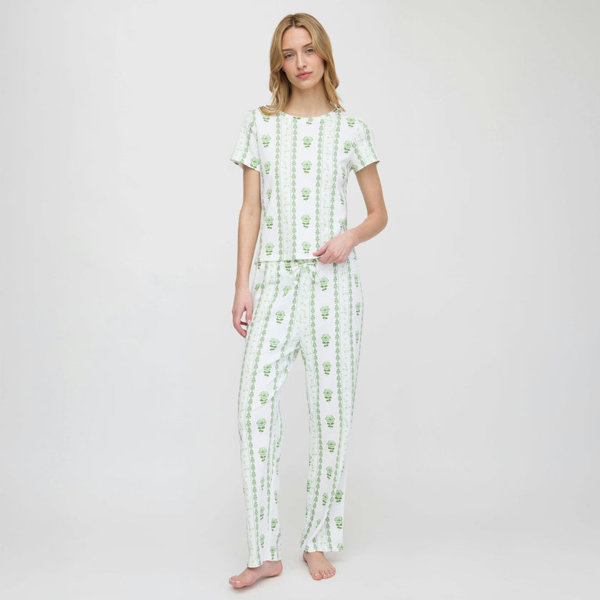 The Kelly Pajama Set - White/Green Arcadia Border