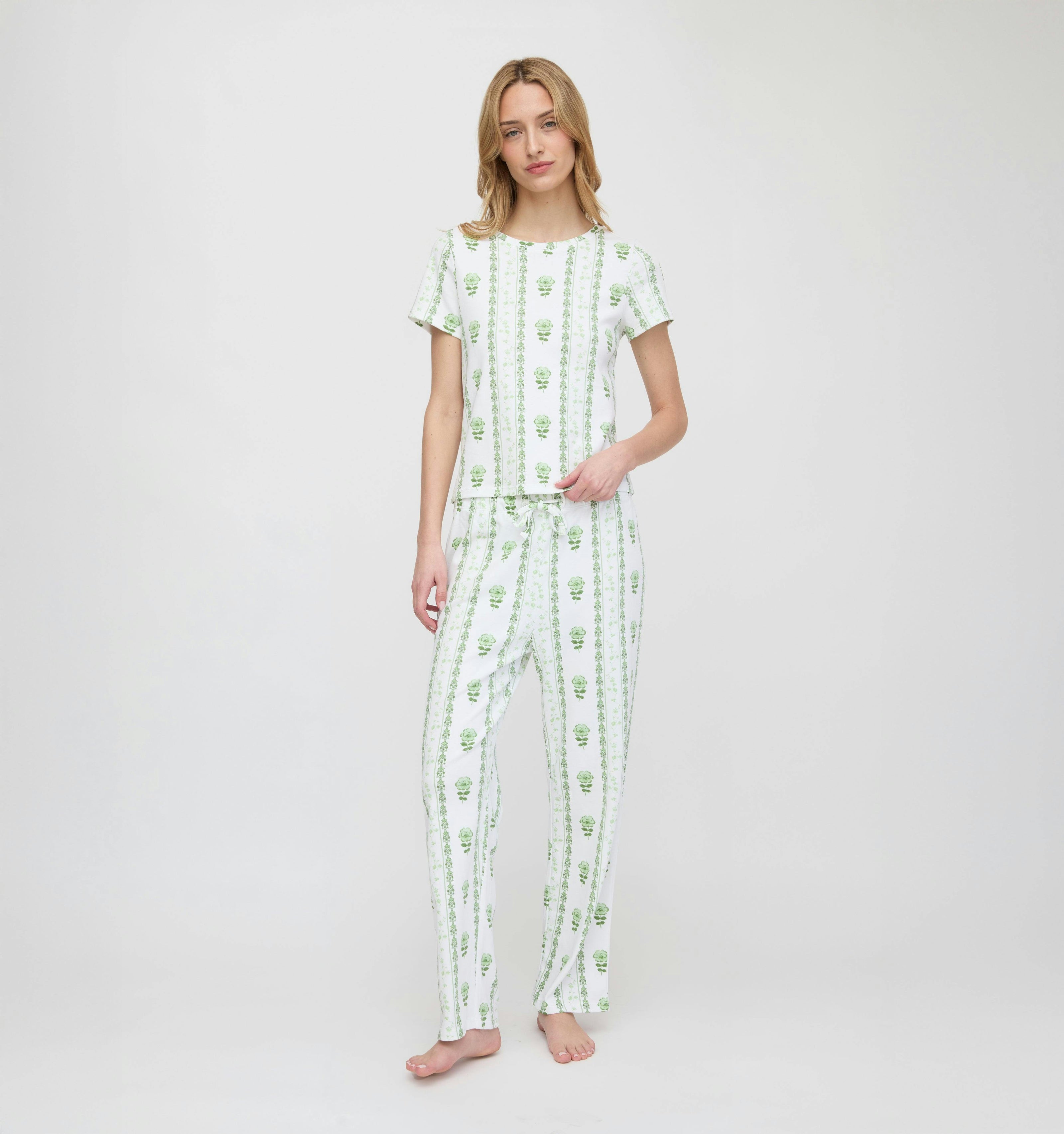 The Kelly Pajama Set - White/Green Arcadia Border