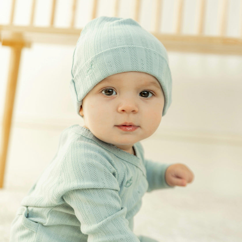 Pointelle Rib Wrap Onesie and Hat Blue Mist