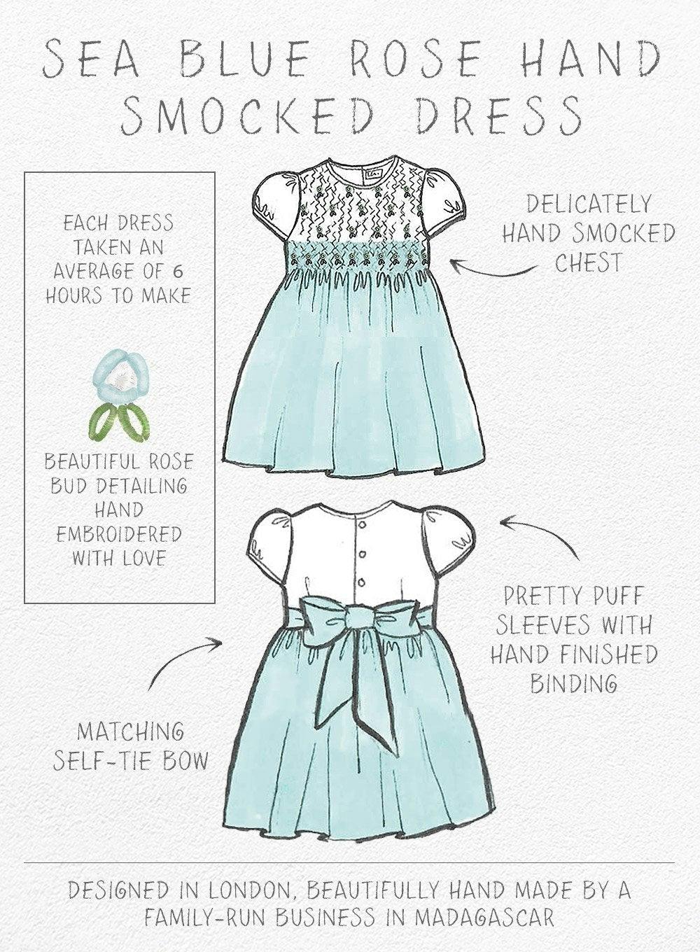 Rose Hand Smocked Dress in Sea Blue