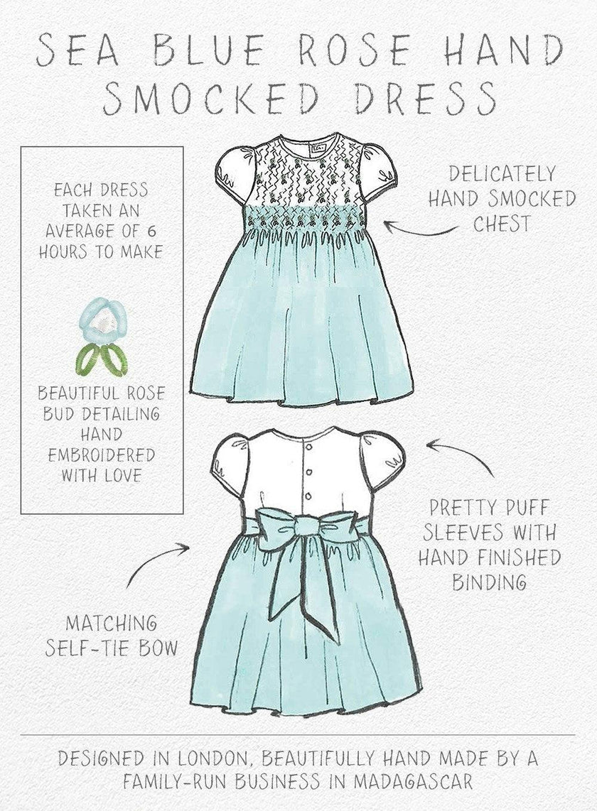 Rose Hand Smocked Dress in Sea Blue