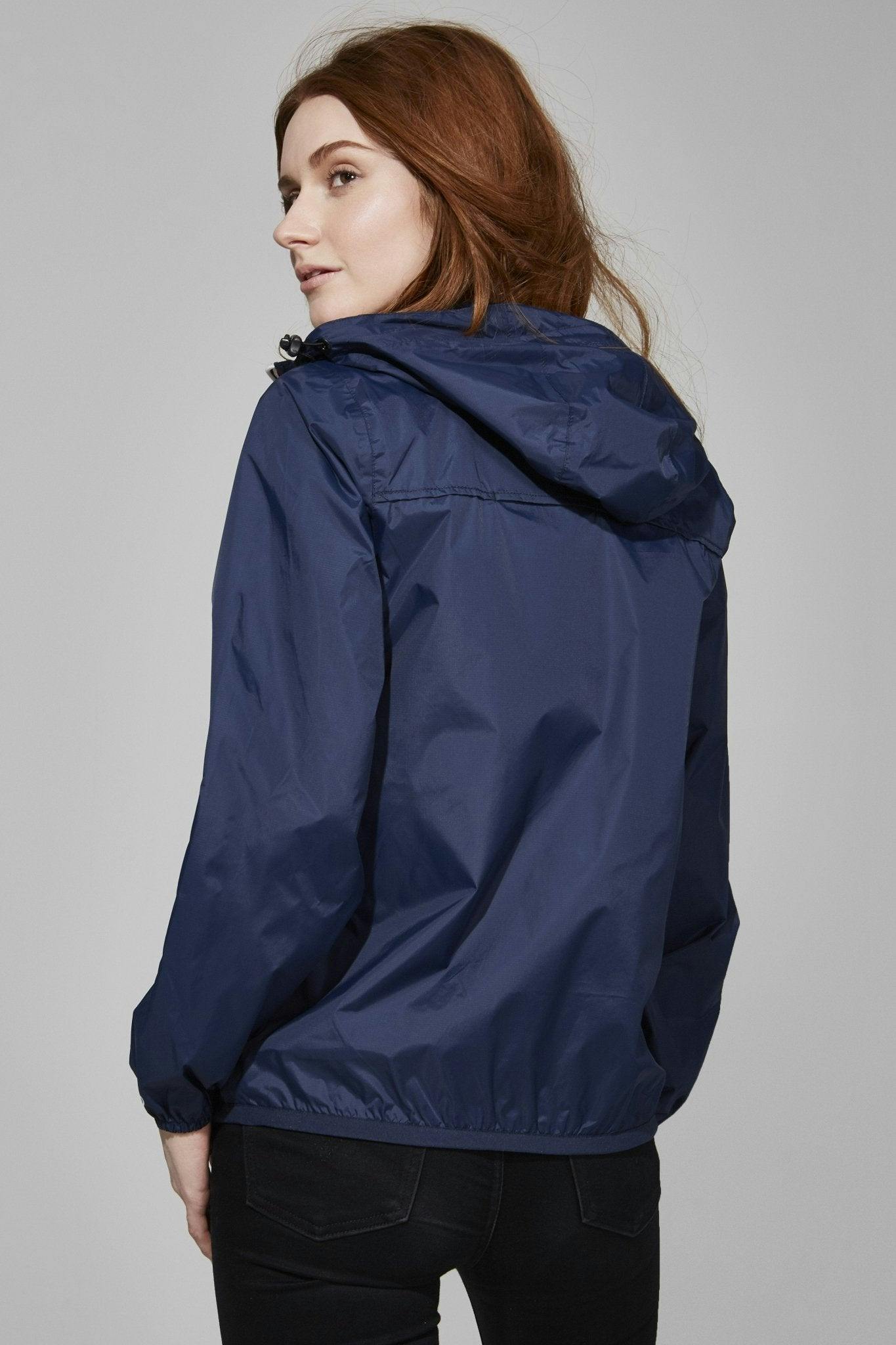 Navy full zip packable rain jacket and windbreaker