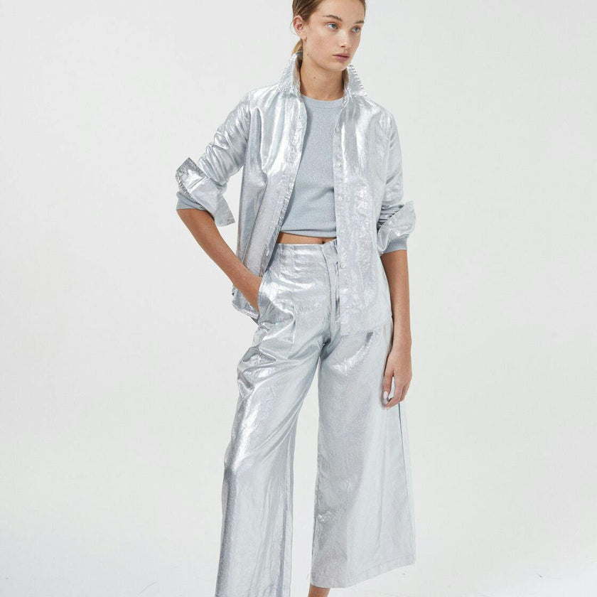 Culotte Metallic Linen Pants - New Silver