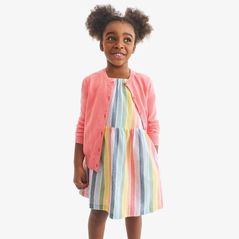 Kids cotton gauze boardwalk dress in rainbow stripe