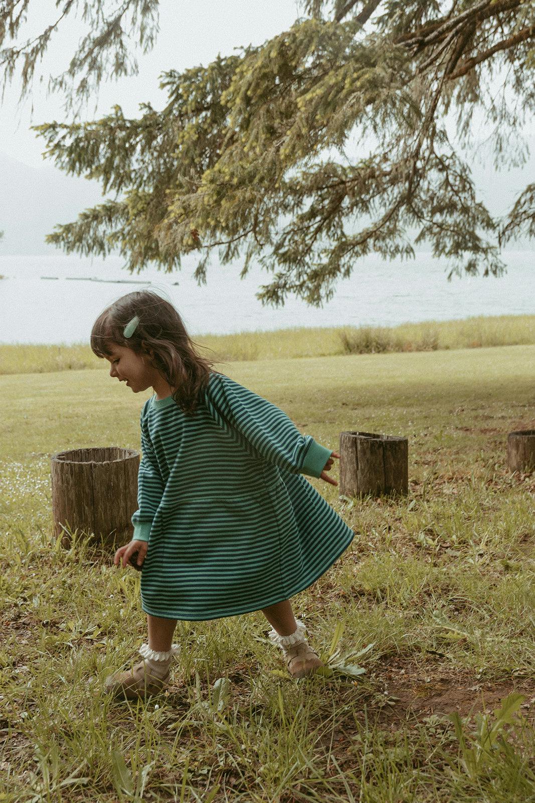 Kelsey Dress in Green Blue Stripe